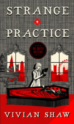 The cover for Strange Practice by Vivian Shaow. A woman appearing drawn in an almost 2D manner, like that of a shadowbox,
                        stands over an occupied coffin with a clipboard in her hands.